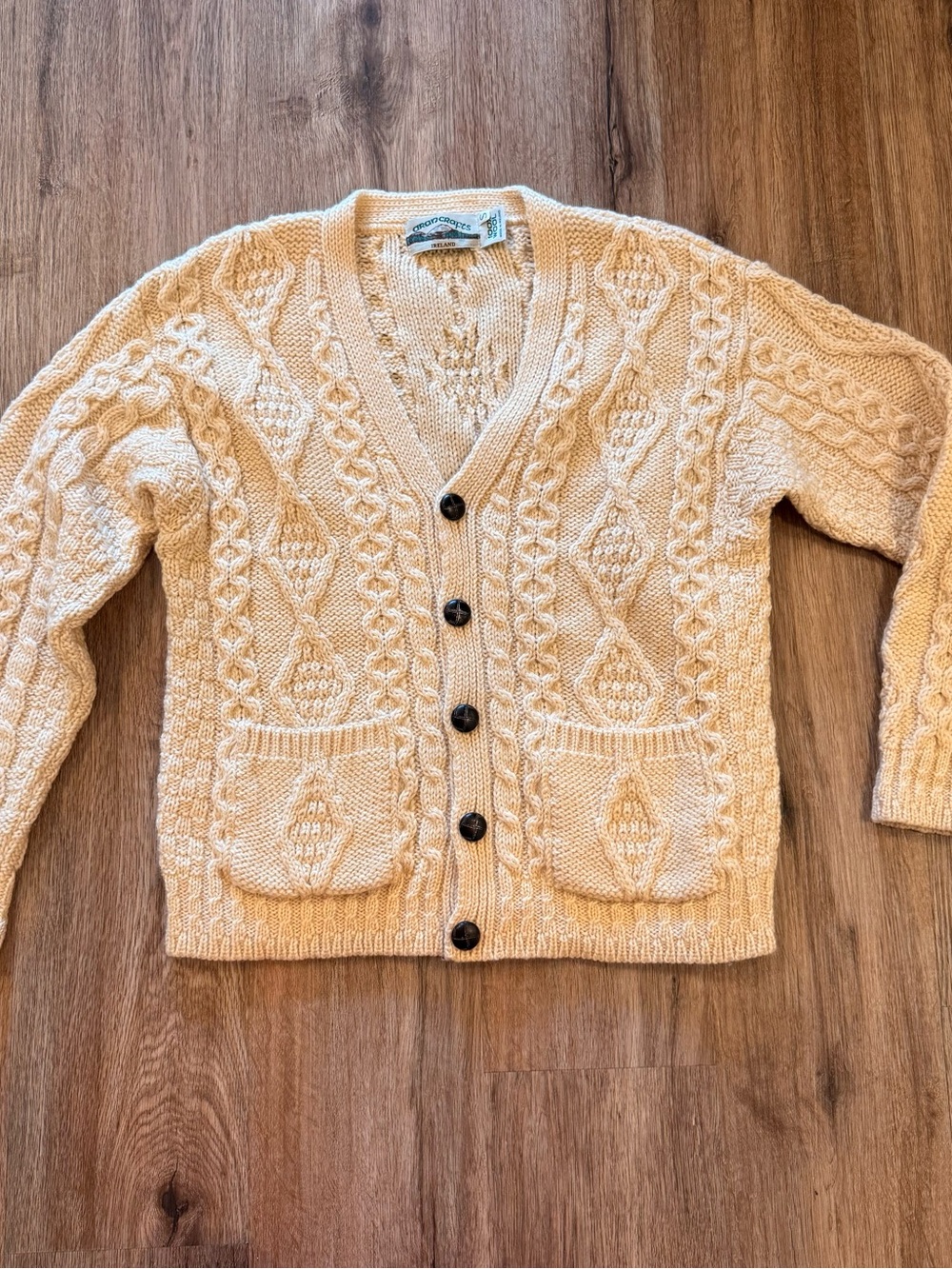 Aran Crafts Cardigan Cable Knit Ivory Chunky Merino Wool Women’s S Fisherman